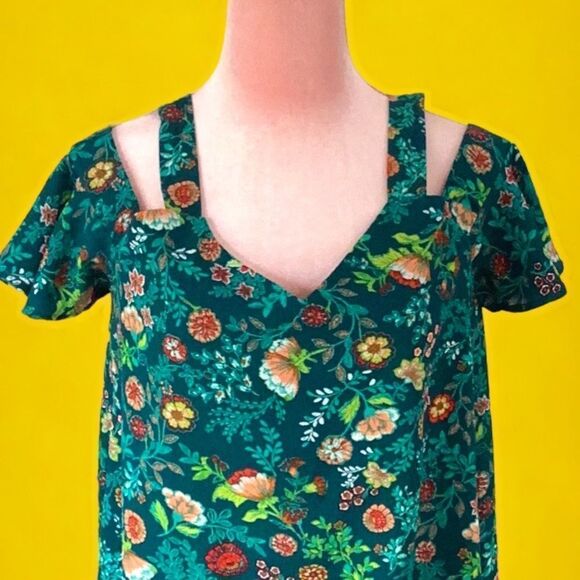 MONTEAU TOP BLOUSE COLD SHOULDER FLORAL PRINT LARGE - Picture 3 of 7